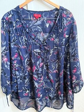 Elle Women's Blue Multi Floral Print V Neck 3/4 Sleeve Chiffon Blouse Size 2X